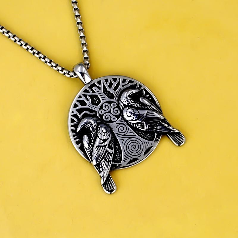 Retro Norse Mythology Double Raven Tree Of Life Pendant Necklace For Men Personality Charm Hip Hop Cool Casual Jewelry Gift