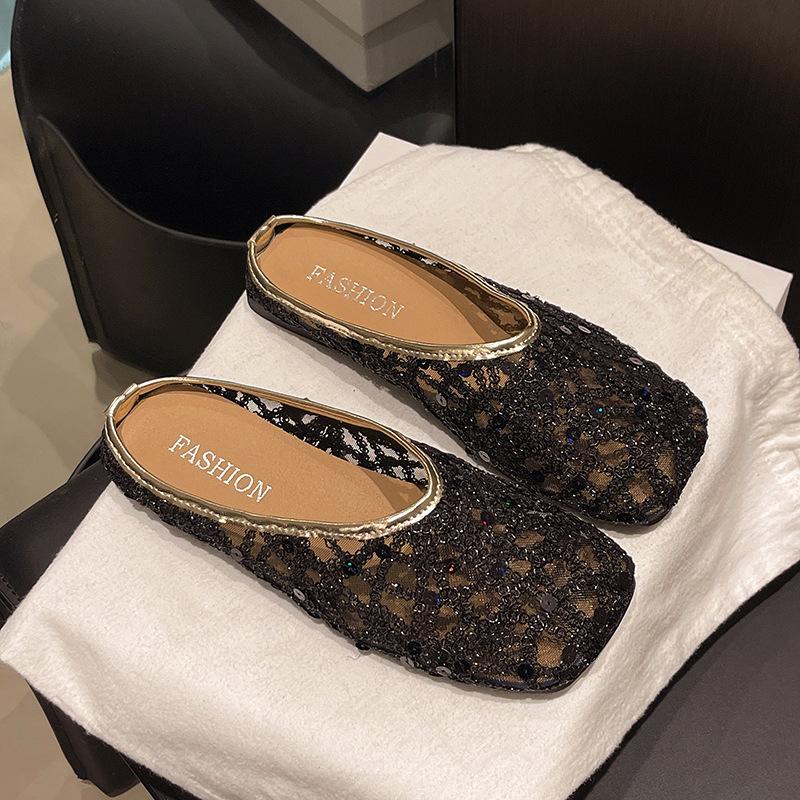 

Мягкая подошва, сумка-голова, полушлепанцы женские летние для улицы, 2025 новые высококлассные нежные одинарные туфли, один педаль с юбкой, крутые шлепанцы 40 чёрный