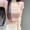 Sweet Fashion Versatile Summer New T-Shirts Women Square Collar Solid Lace Patchwork Short Sleeve Korean Casual Skinny Tops