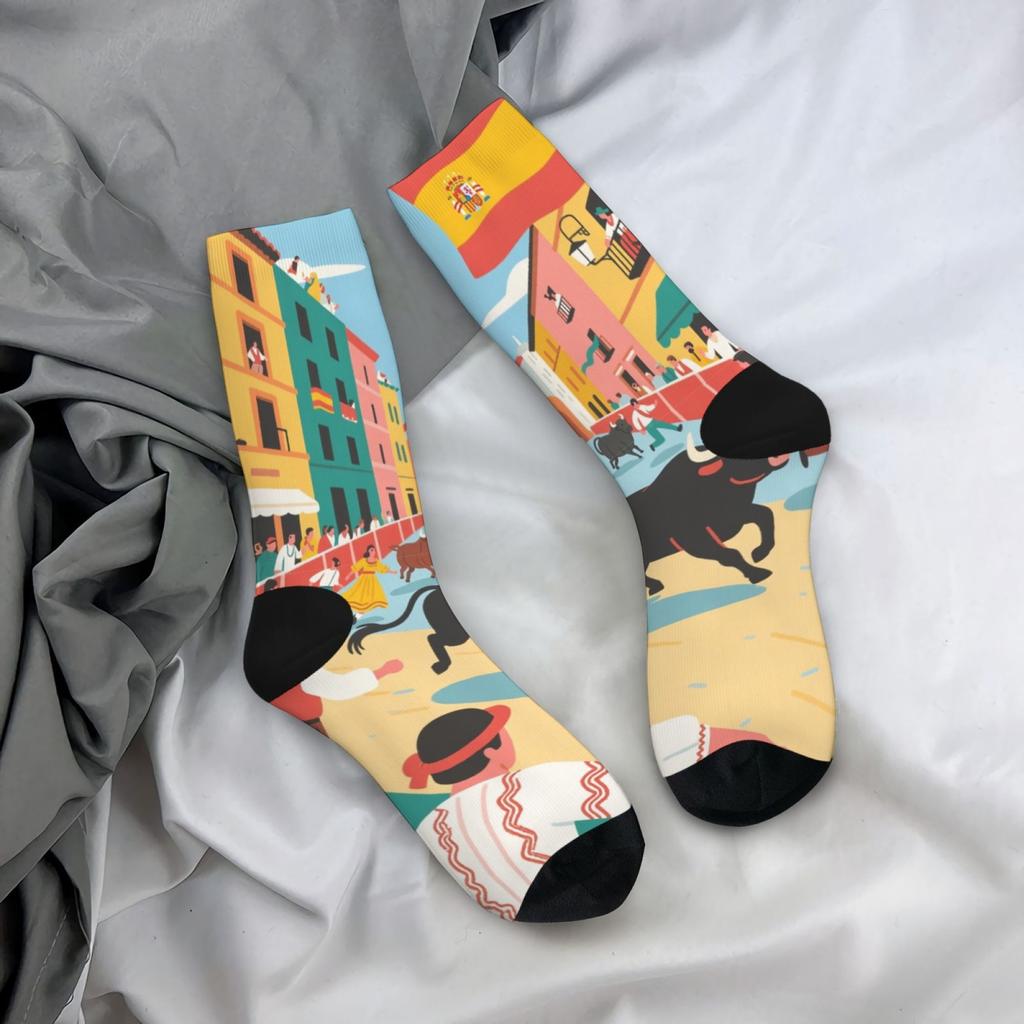 Spanish Cartoon Bull-running Festival Print Unisex Soft Skin-friendly Breathable Harajuku Style Daily Socks Hip-hop Novelty Gift