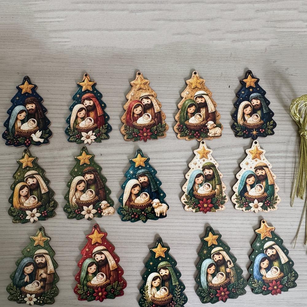 15Pcs 2D Flat Wooden Nativity Ornaments Set Religious Christmas Decor Theme Party Decoration