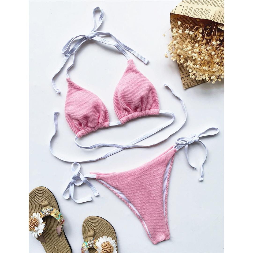 

Ребристый бретелька через шею бразильский скрепляющий ягодицы бикини женский купальник женский купальник из двух частей комплект бикини купальный костюм купальный костюм S розовый