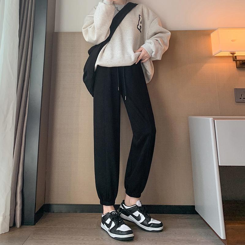 

Spring and Autumn New Grey Tie Sweatpants High Waist Loose Straight Skinny Pants Versatile Casual Sweatpants S [Suitable for 80-47.5kg] чёрный