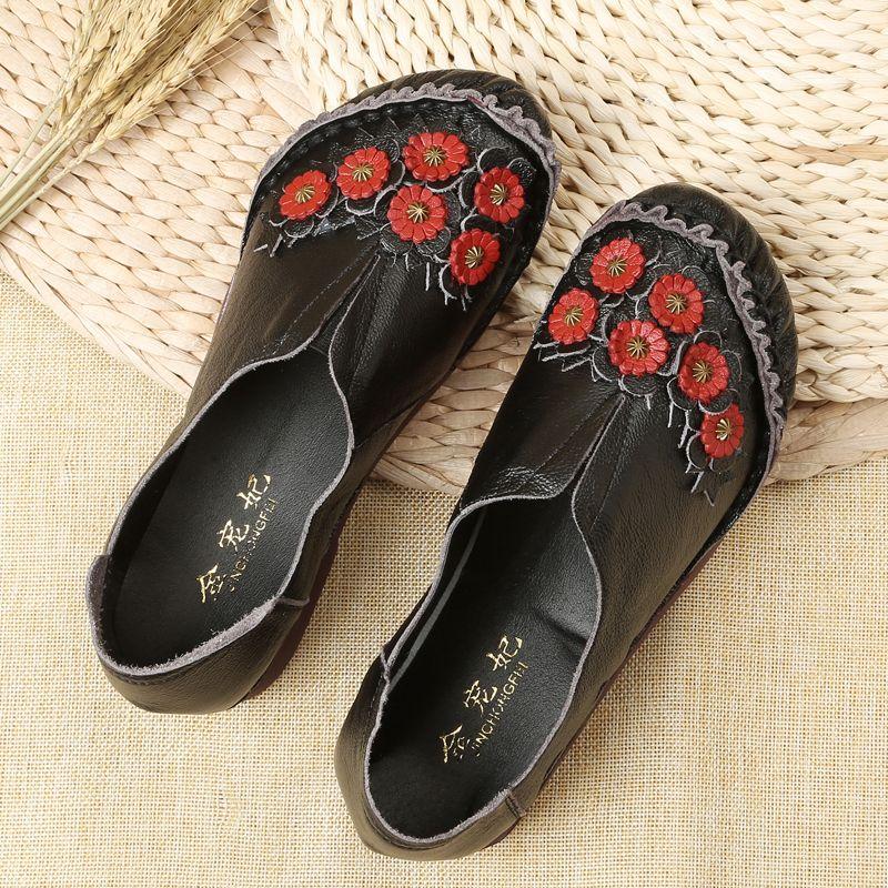 Fashion Orthopedic Real Leather Shoes Women's Ballet Flats Floral Moccasins Ladies Vintage Luxury Loafers Waterproof Wide Fit Chic Shoes