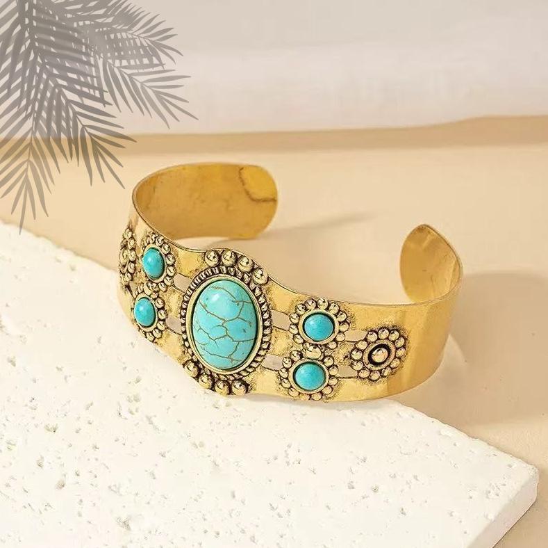 Vintage Court Style Turquoise Bracelet Women's Japanese and Korean Ins Style Niche Sense Fashion Open Hand Jewelry