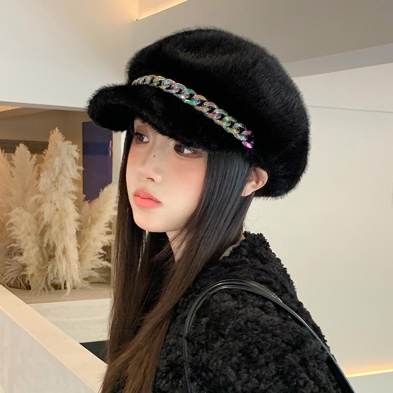 Hat Women's Autumn and Winter Imitation Mink Hair Color Chain Beret Plus Velvet Thickened Windproof and Warm Hat Art Retro Octagonal Hat