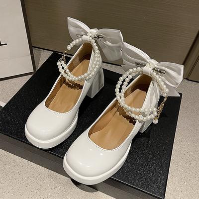 Mode Herfst Nieuwe Dikke Hak Enkele Schoenen Damesmode Ronde Neus Lage Instap Vlinderknoop Kralen Platform Hoge Hakken