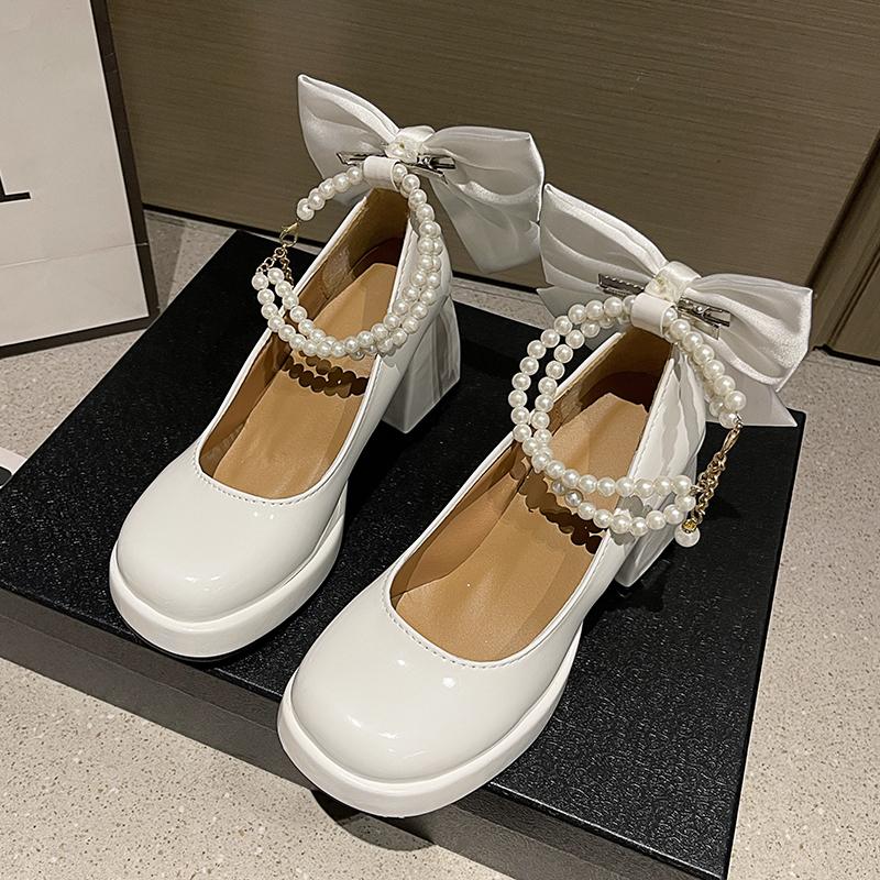 Autumn New Thick Heel Single Shoes Women's Round Head Shallow Mouth Butterfly Knot Beaded Platform High Heels