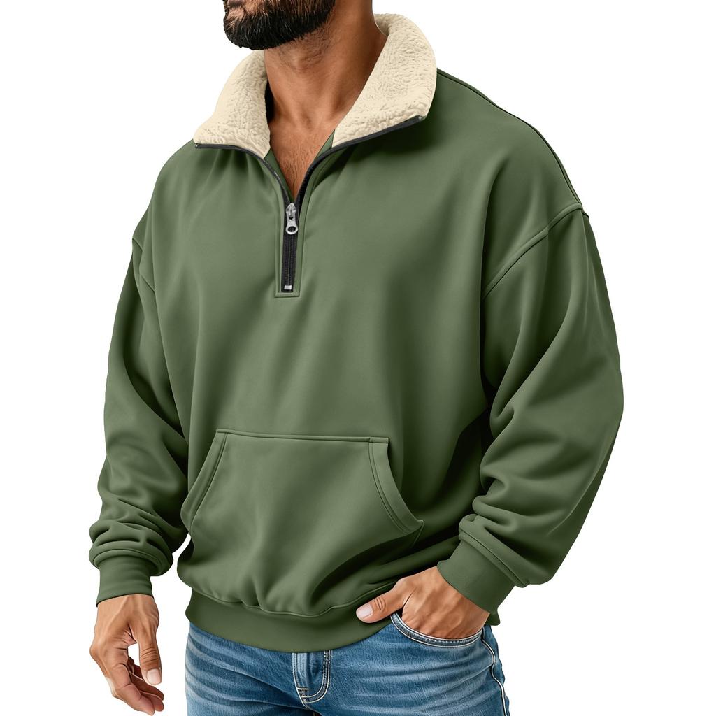 Men's Solid Color Half-Zip Stand Collar Plush Sweatshirt Men's Sports Plus Size Casual Sweatshirt