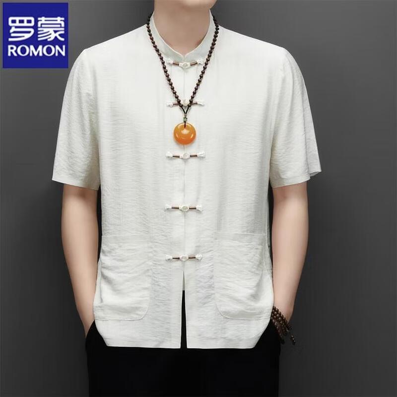 ROMON Men s Chinese Style Linen Blend Short-Sleeve Tang Suit Shirt XL