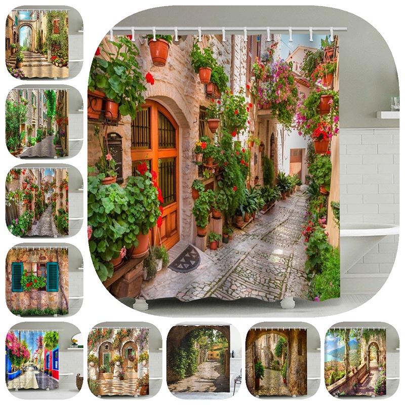 Exquisite Floral Street Duschvorhang Wasserdichter Polyester Badevorhang Für Badezimmer Deko