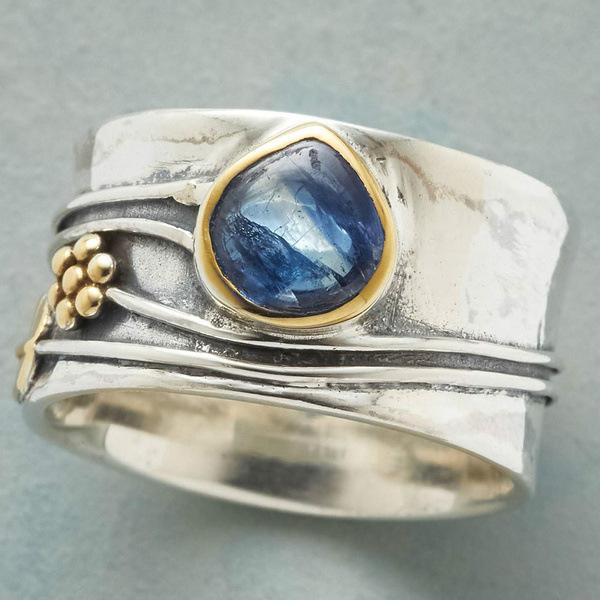 

New, simple sea blue water drop gemstone jewelry, European and American leaf flower two-color ring. 10