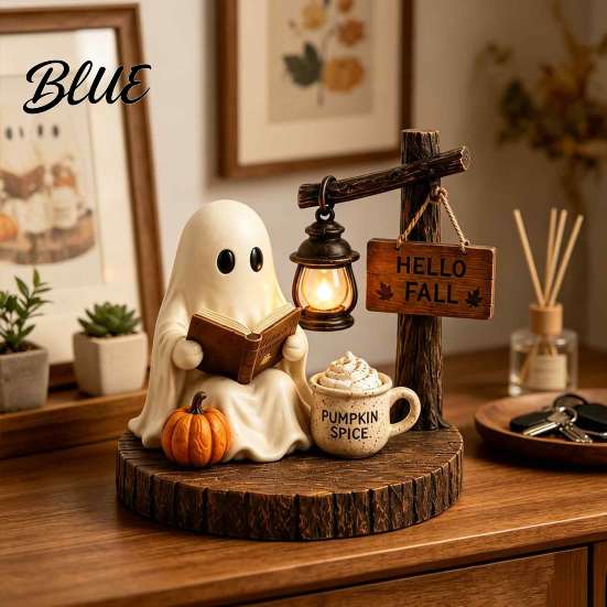 Rustic Halloween Decor Ghost Figurine Vintage Cozy Reading Book/Walking Dog Statue with Lantern Fall Home Accents Light Up Spooky Resin Tabletop