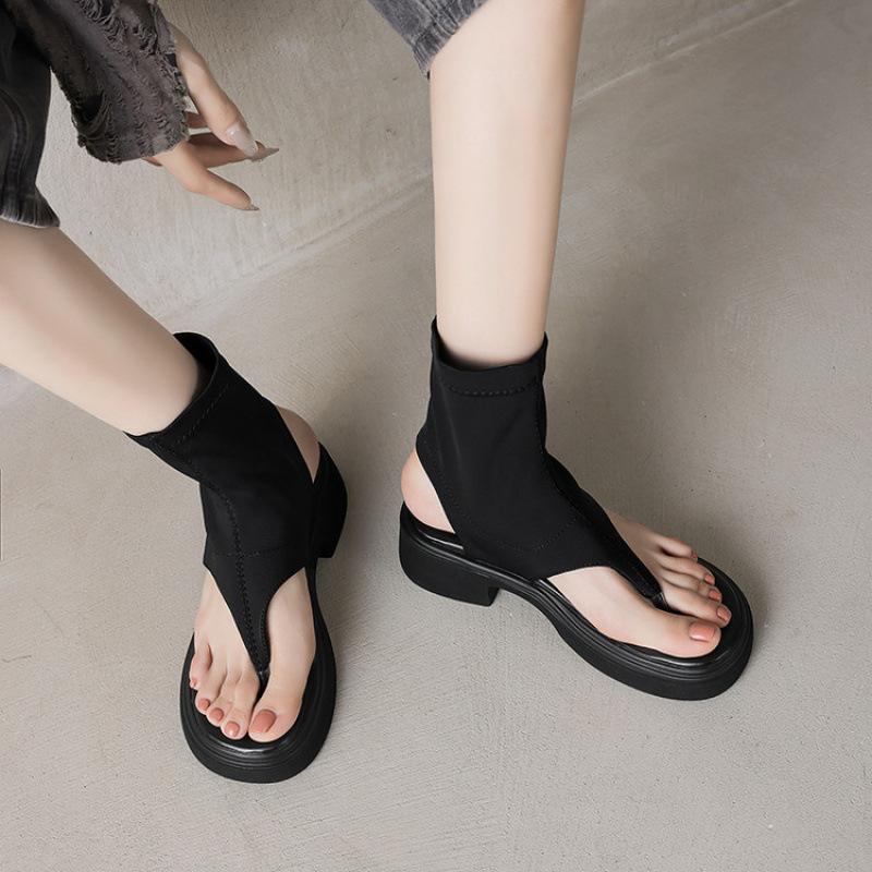 New women's platform sandals casual black large size shoes summer sandals sleeve one pedal women's cool boots round head