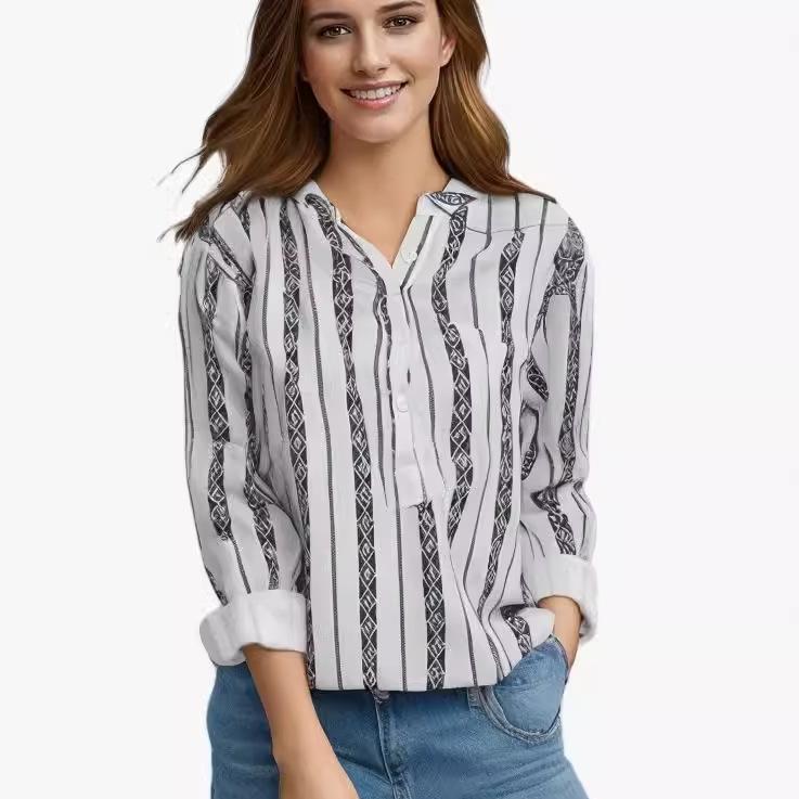 Spring and Autumn Women's Plus Size Striped Printed Button Shirt Loose Long Sleeve Top