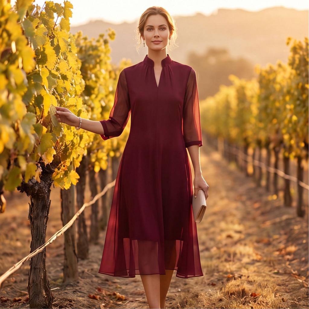 Women's Fashion Elegant Chiffon Dress with Inner Lining Flowy Midi Length Half Sleeve Casual Office Wear