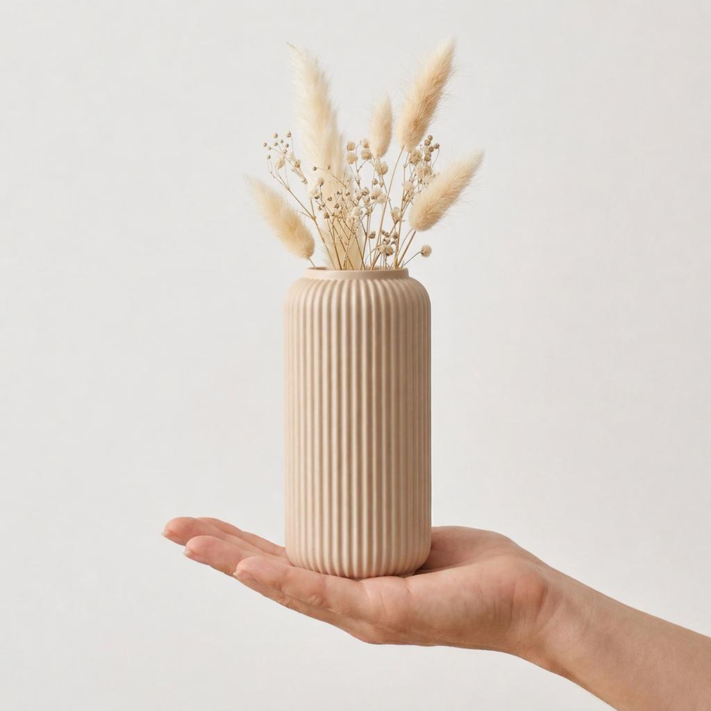Beige Slim Grooved Vase, Modern Minimalist Japandi