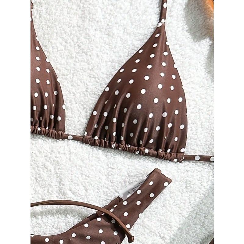 Retro Polka Dot and Solid Color Triangle Bikini Set