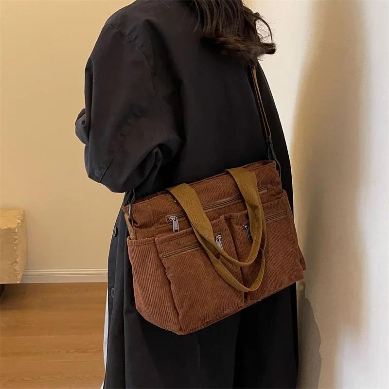 Borse Messenger Casual in Velluto a Coste Grande Capacità per Pendolari Mamma Portatile Borsa a Spalla Multi Scomparti Borse Tote da Campeggio