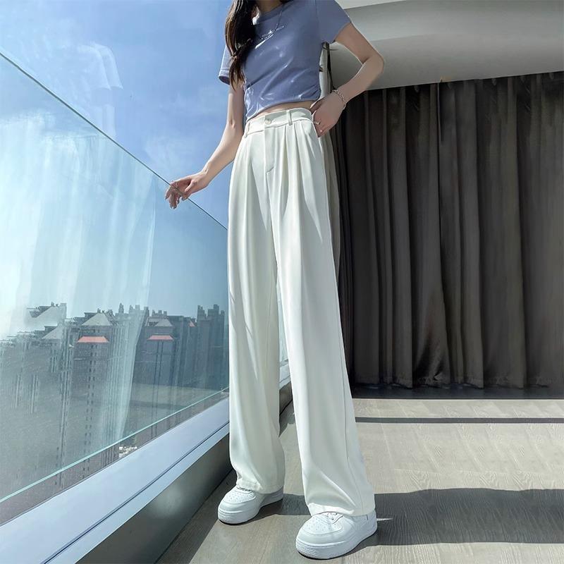 White ice silk suit pants women's summer loose wear women's clothing small lazy drape narrow wide-leg pants
