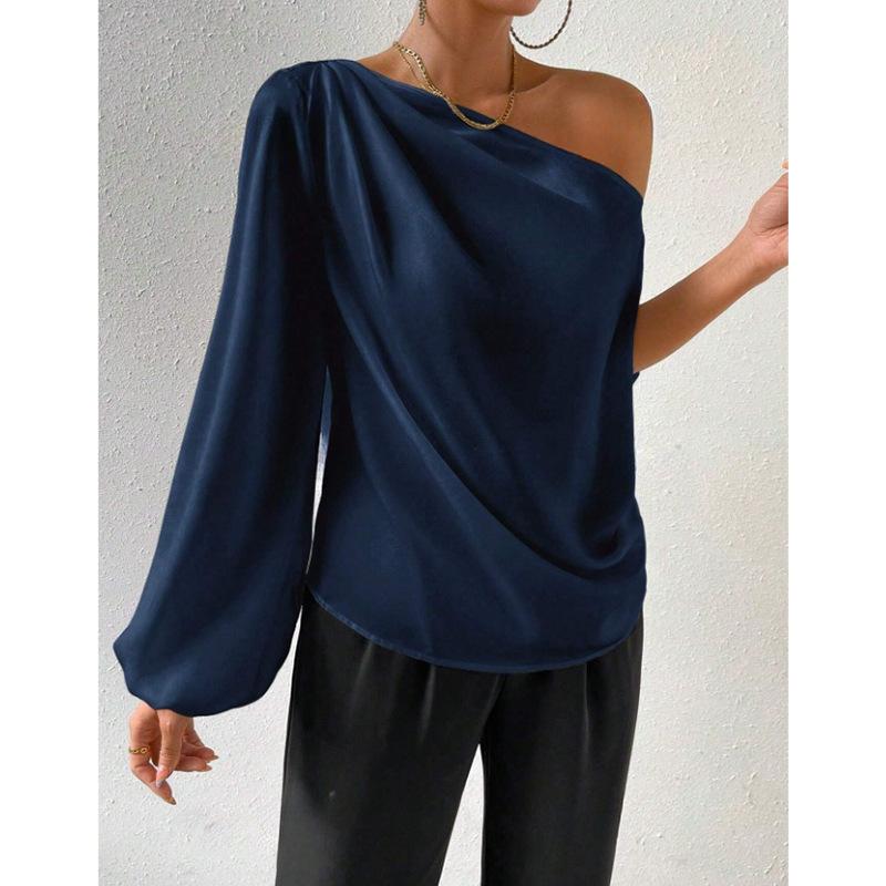 Sexy Elegant Skew Collar Long Sleeve Casual Blouses Women Fashion Off Shoulder Temperament Women's Shirts Tops Solid Simple Slim Fit Lady Blouse 26399