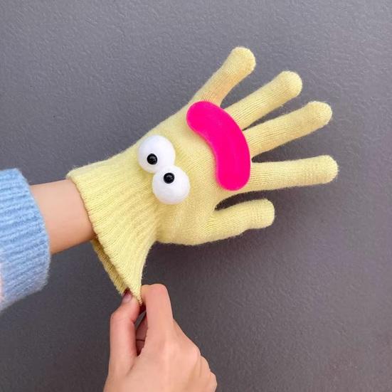 Vtipné kreslené pletené rukavice Roztomilé velké oči Teplé rukavice Zimní žebrované rukavice s dotykovou obrazovkou na řízení, dojíždění, cyklistiku, každodenní pochůzky