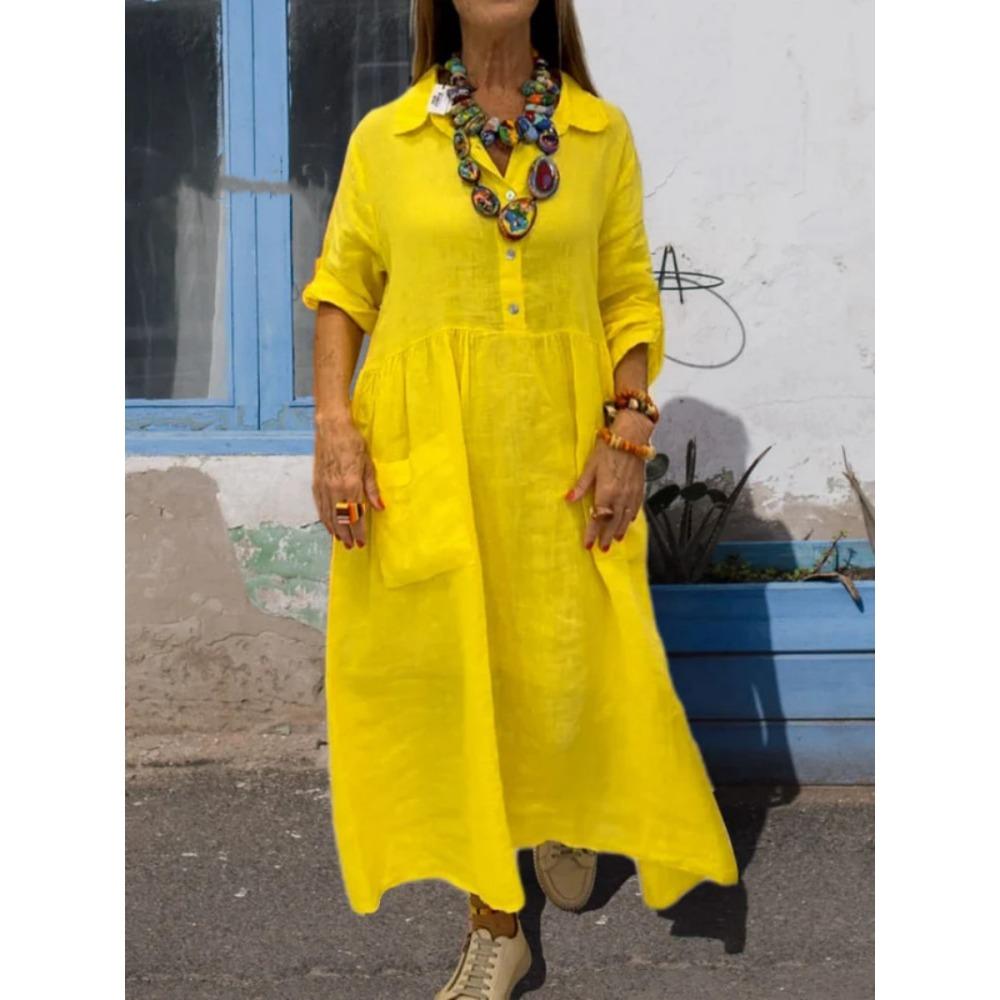 New Women's Loose Solid Color Vacation Casual Button Artistic Style Fashionable Dress