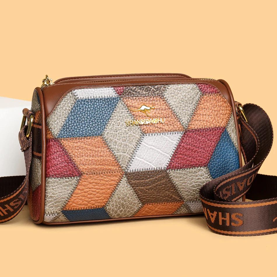 Damen Weiches Leder Patchwork Schultertasche Umhängetaschen Freizeittaschen Modetaschen Femininer Stil