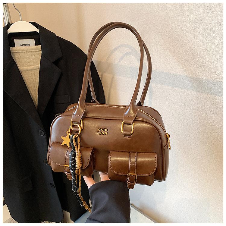 

Vintage Maillard Solid Color PU Leather Women s Shoulder Bag Large Capacity Multi Pocket Female Handbag Casual Ladies Pillow Bag Only bag коричневый