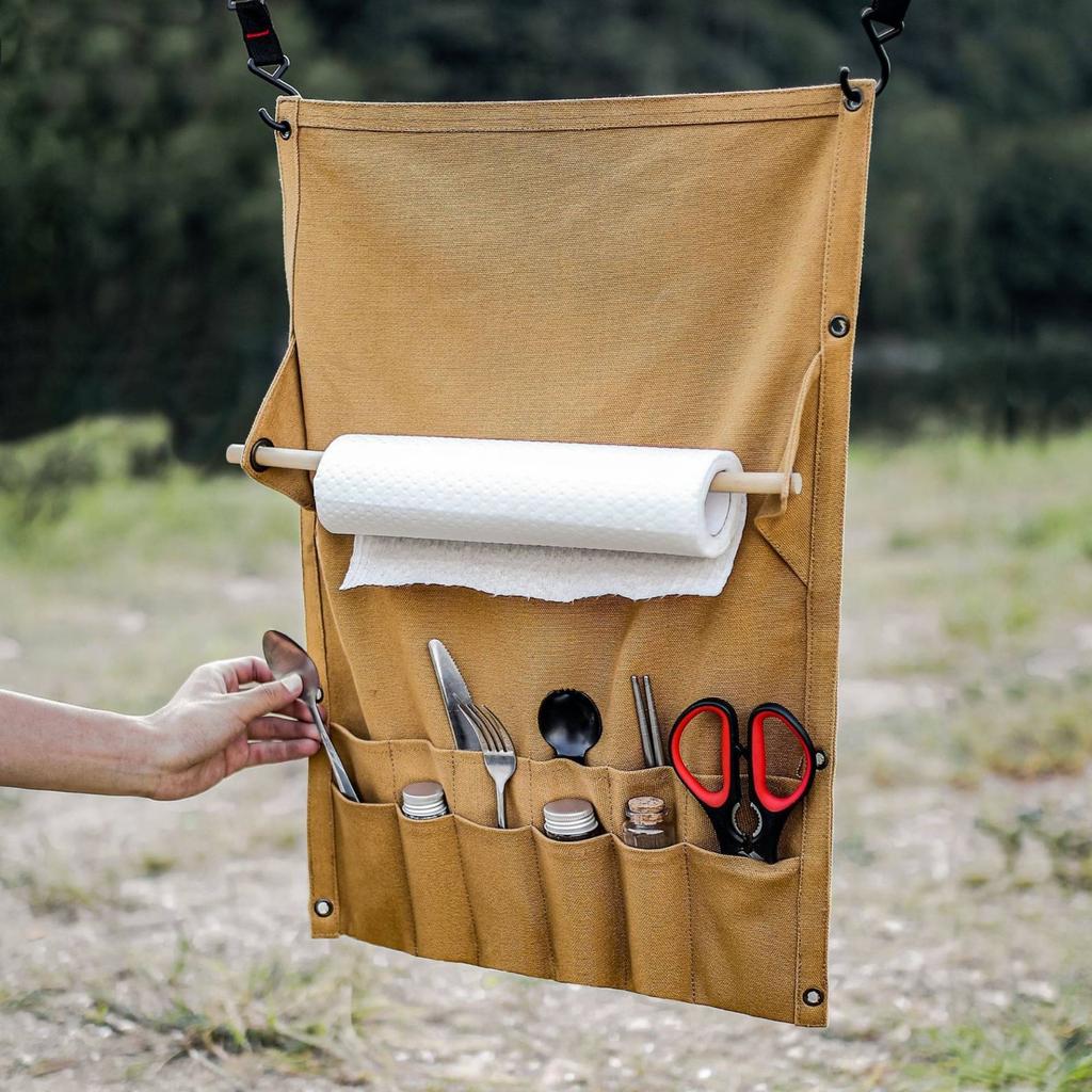Canvas Cutlery Roll With Paper Towel Holder Portable Hanging Utensil Storage Bag Outdoor Tableware Hanging Pouch Multifunctional