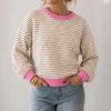 Women's Striped Color Block Knit Pullover Sweater, Round Neck Loose Fit Casual Top for Fall and Winter