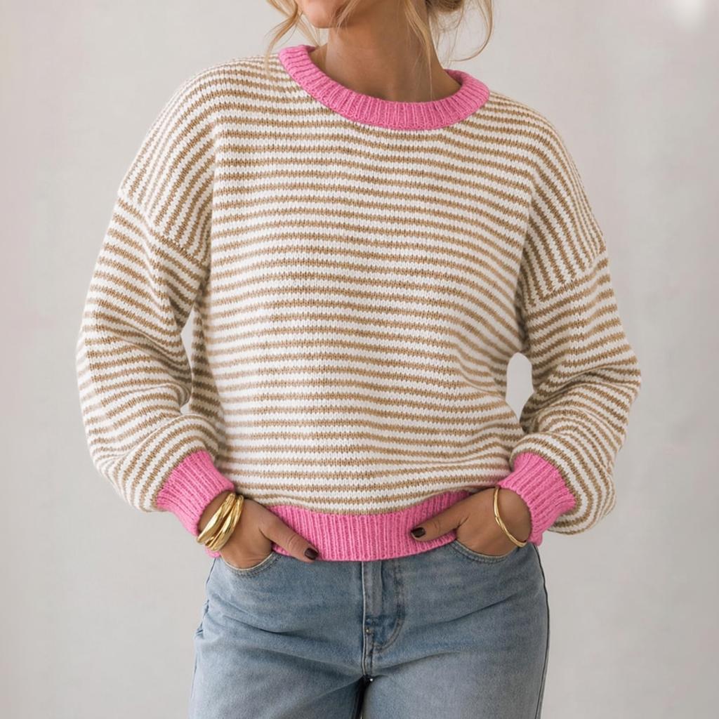 Women's Striped Color Block Knit Pullover Sweater, Round Neck Loose Fit Casual Top for Fall and Winter