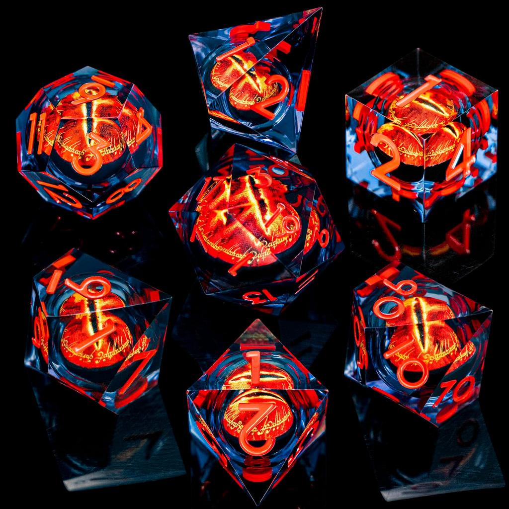 Runes DND Resin Dice Gazes Eye Dice Golden Blue Liquid Core Flaming RPG Sharp Edged Dice Set with Gift Box Polyhedral Compatible
