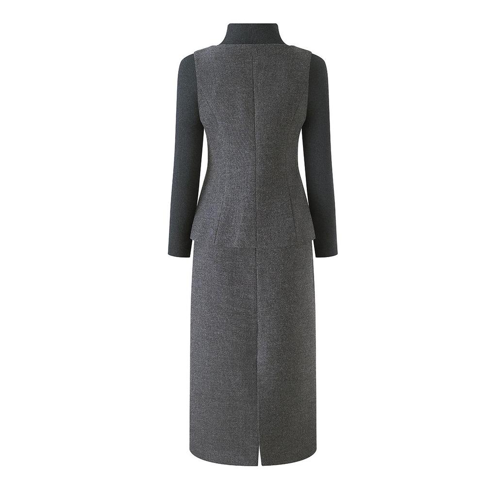 Women's Elegant Woolen Vest & Knit Base Layer with Back Slit Skirt Set