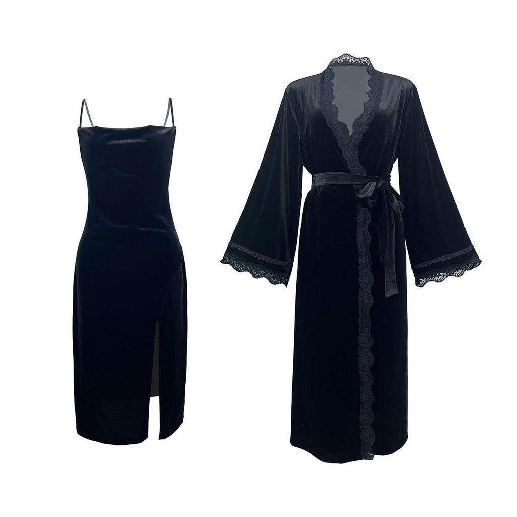 Fiyun Elegant Velvet Nightgown with Sexy Slit and Backless Design - European & American Style Home Set 651