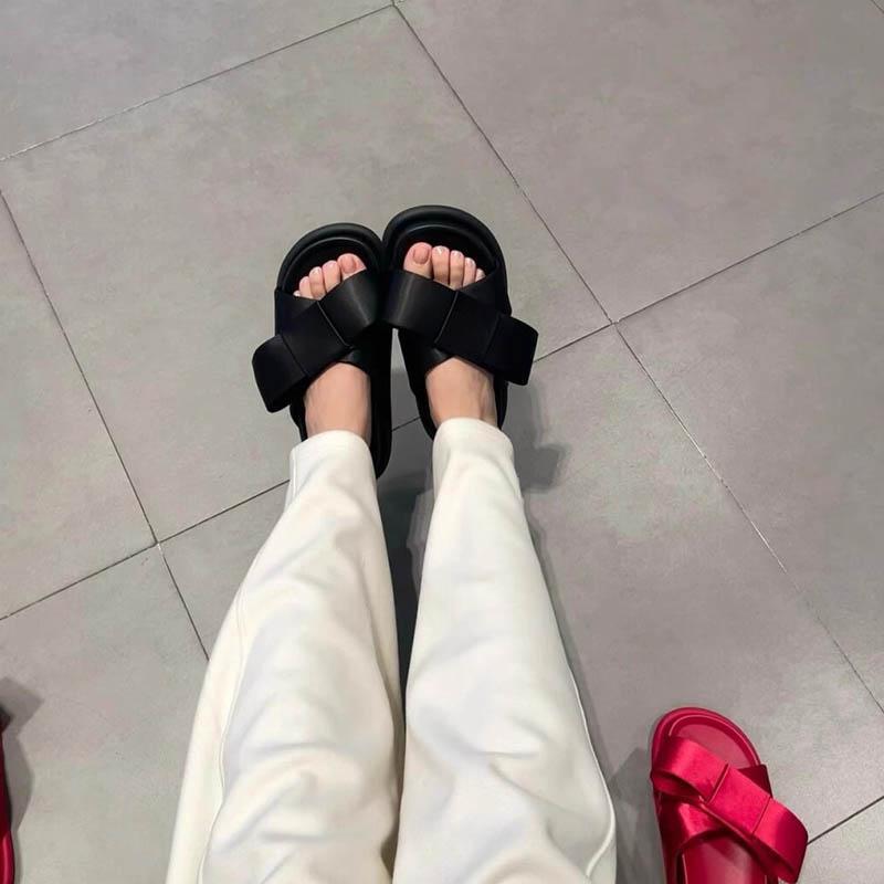 Sheepskin version~ summer new bow thick-soled casual sandals lazy slippers women's super soft-soled outer wear one-word drag