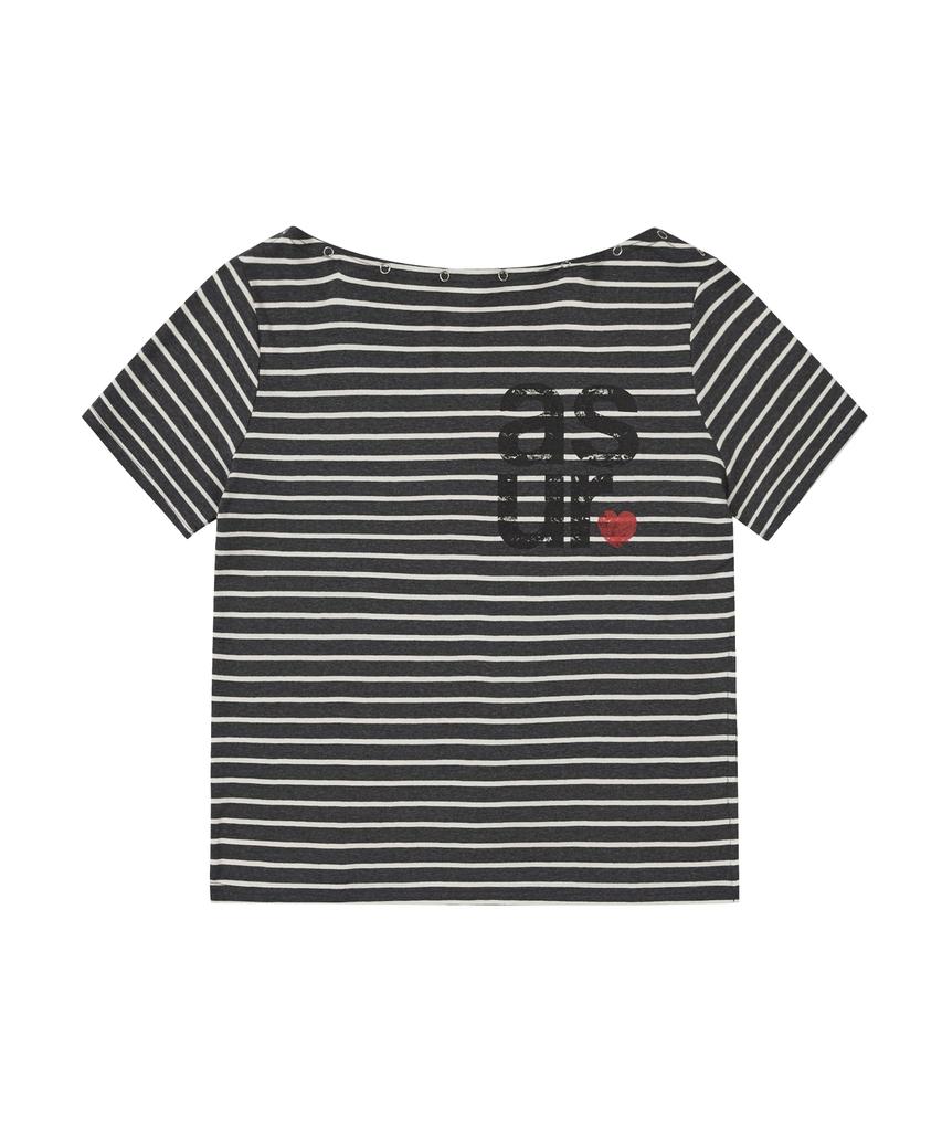 Aejeuyua Striped Off-Shoulder T-Shirt Charcoal