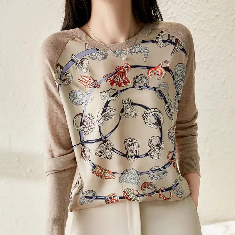 

Women s Spring Long Sleeved Knitted T-shirt Autumn Printed Bottom Shirt 2XL