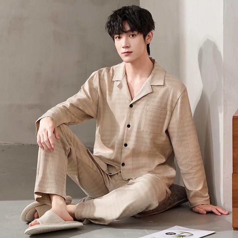 Antibakterieller Herren-Schlafanzug aus reiner Baumwolle der Klasse A – Langarm-Strickjacke für Frühjahr/Herbst 2025, lässige Heimkleidung