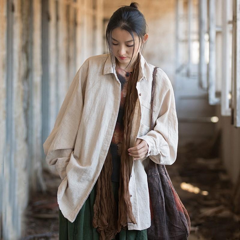 Johnature Women Vintage Ramie Cotton Bat Sleeve Shirts Tops Spring Solid Color Button Loose Women Blouses