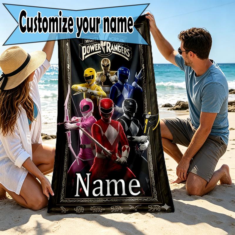 Custom Name Personalized Mighty Morphin Power Rangers Print Beach Towel, for Trip Camping Beach Party Home Decor, Birthday Gift for Family & Friends