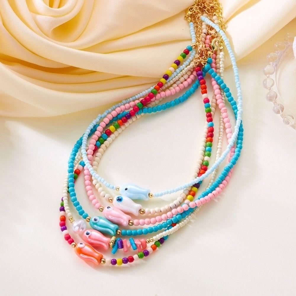 Ceramic Fish Rice Bead Chains Double-sided Painted Colorful Rice Beads Necklace Handmade Bohemian Necklace Party