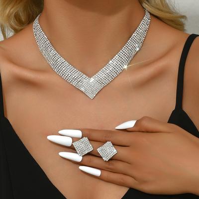 Party Style Simple And Exaggerated Bright Full Diamond Wide Face V-Shaped Necklace Earrings Two-Piece Set Bridal Jewelry