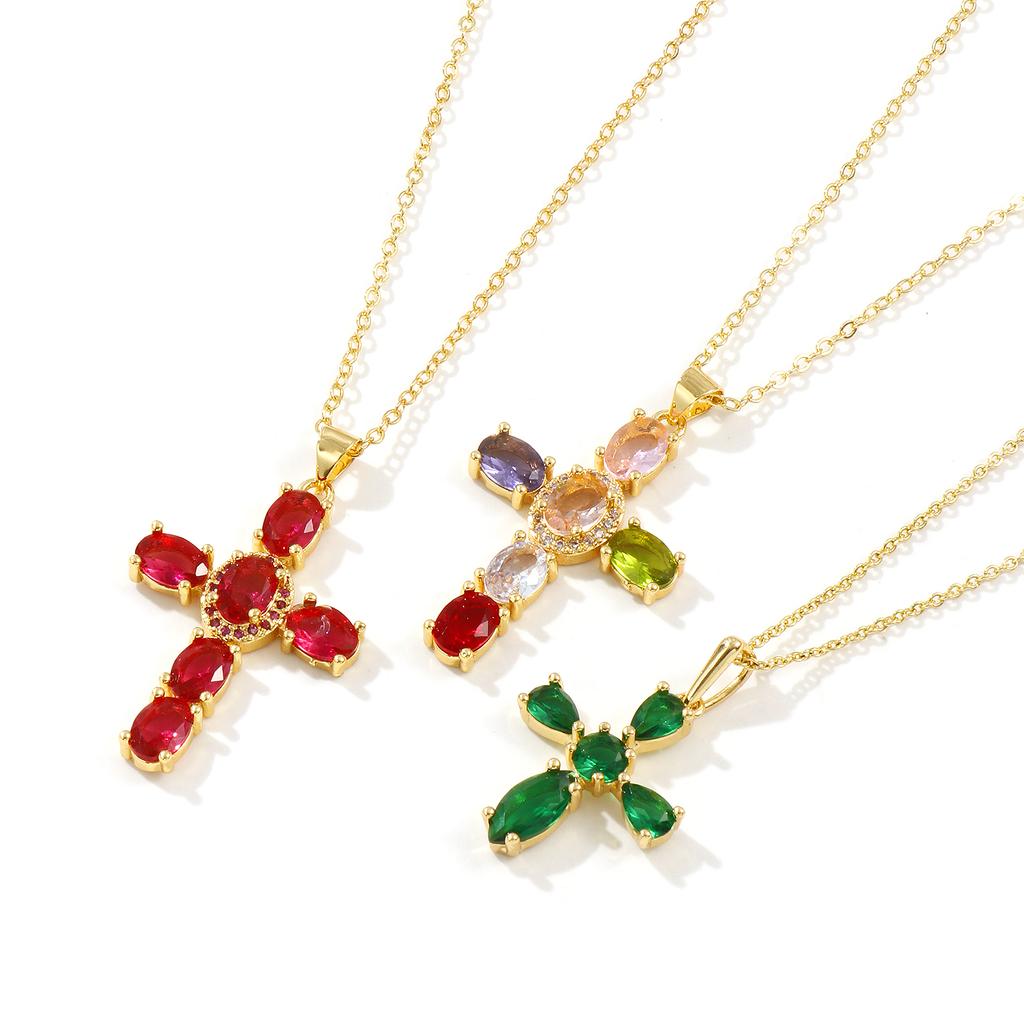 1 Piece Gold Plated Cross Charm Necklace Brass Chain Cubic Zirconia Pendant Necklace For Women Fashion Jewelry 46cm + 6cm