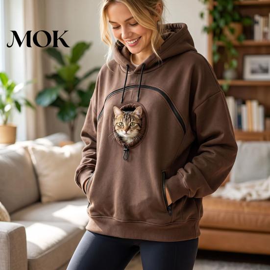 Casual Winter Hoodie Women Pet Pouch with Head Hole, Oversized Hooded Sweatshirt Puppy Zipper Pockets, Dog Cat Carrying Pullover Top for Fall