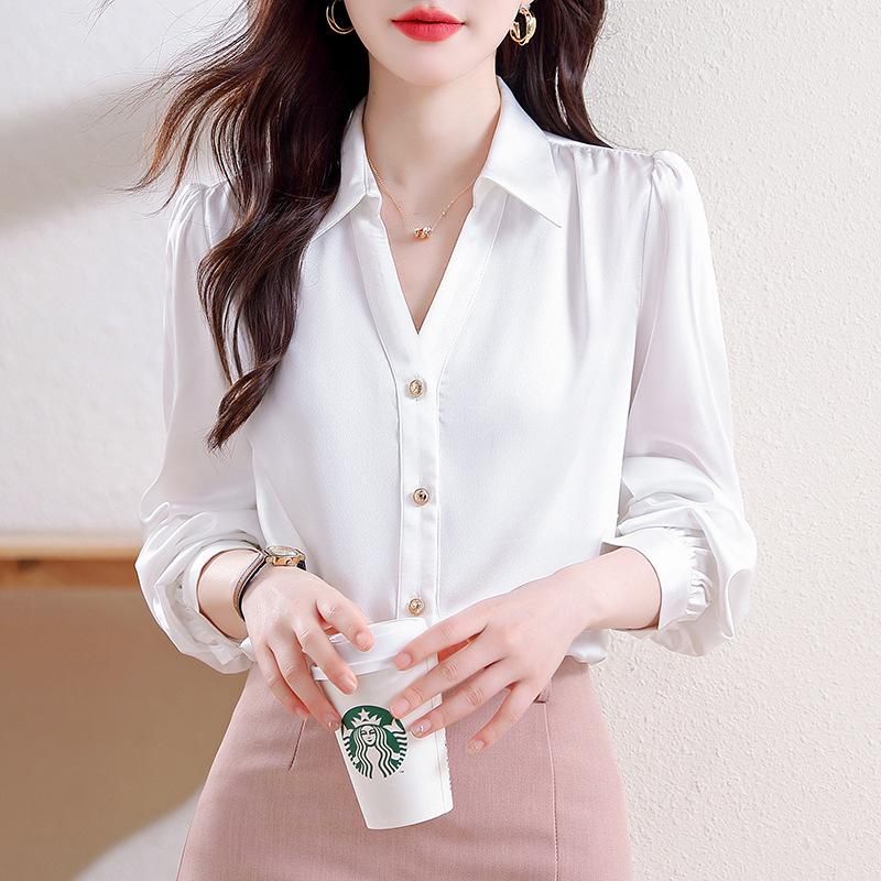 Spring New Style Satin Long-sleeved Ol Professional Shirt Polo Neck Commuting White Shirt Top Women's Trendy