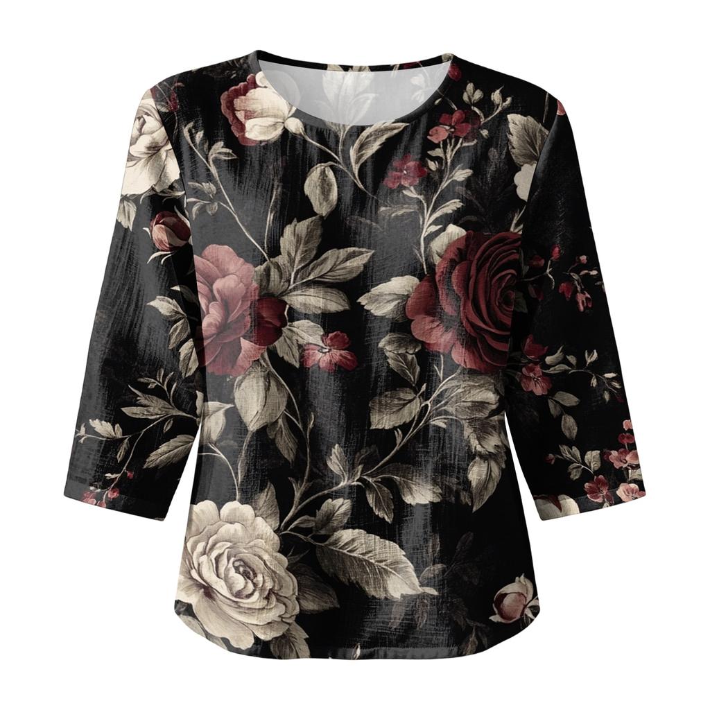 Blusa da Donna Casual con Stampa Floreale, Girocollo, Manica a Tre Quarti, Lino e Cotone, Top Leggero e Comodo per l'Uso Quotidiano