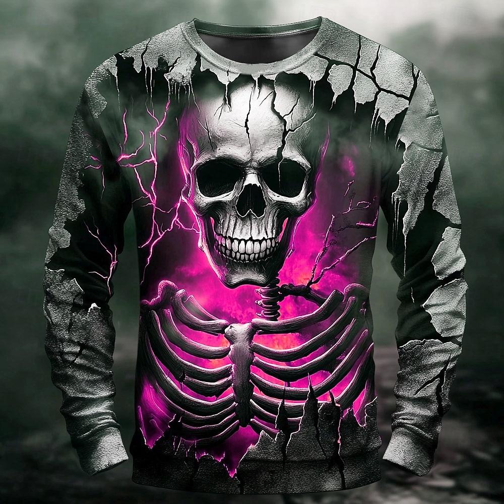 2025 Fall Winter Fashion Skeleton Prints Long Sleeve T-Shirts for Men Gothic Trendy Streetwear Casual Tops Halloween Party Tee