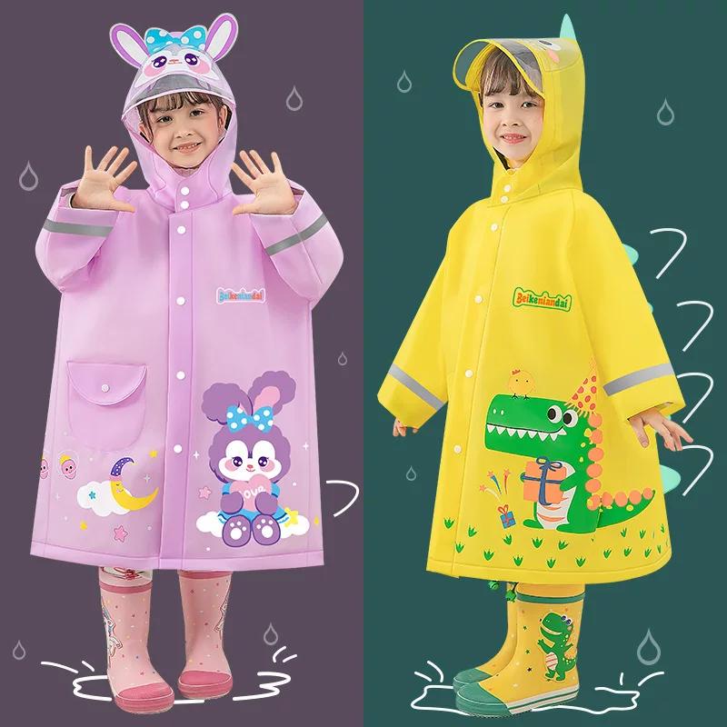Kindergarten Eva Children's Raincoat Cartoon Cute Thickened Enlarged Brim Snap Button 3D Backpack Reflective Strip Unisex