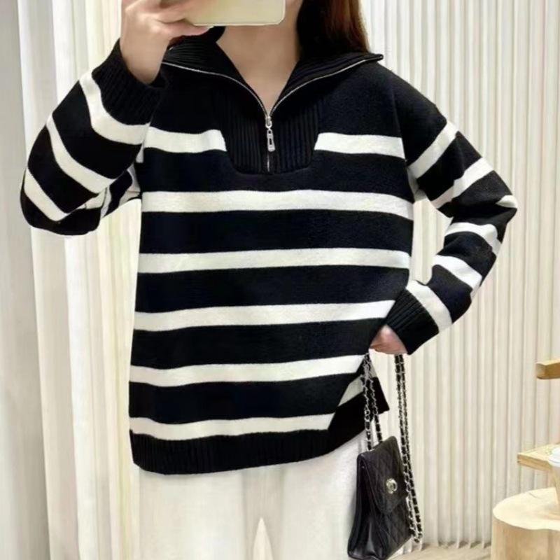 Women's Korean Contrast Color Half-Zip Striped Pullover Sweater